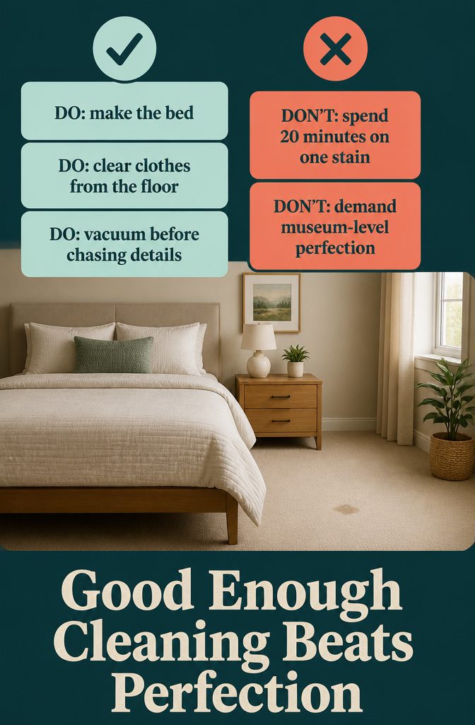 How to Be Motivated to Clean Your Room: 19 Methods 12 Cleaning infographic showing a practical room cleaning sequence and a carpet stain