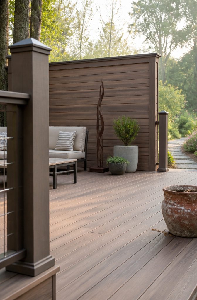 Deck with decorative post trim and a feature wall behind seating
