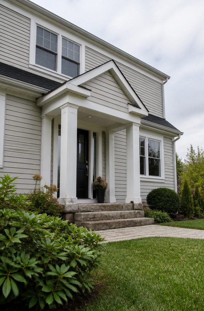 House exterior with a portico larger windows and updated trim