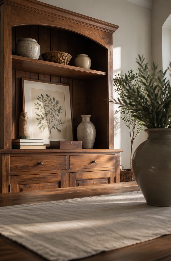 Hutch with framed art and small decorative objects arranged on shelves