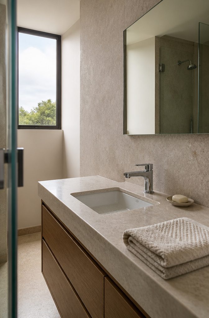 19 Ways to Decorate a Small Bathroom That Make It Work 17 Pale stone bathroom counter and full-height matching backsplash behind the sink