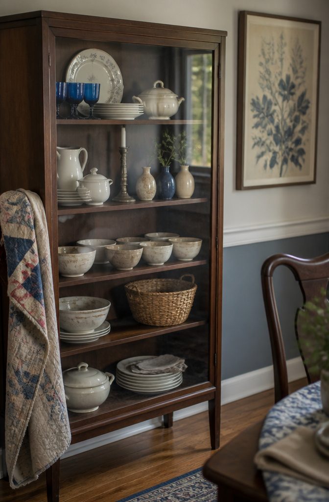 China cabinet shelves with blue glasses, pottery bowls, books, and a small plant