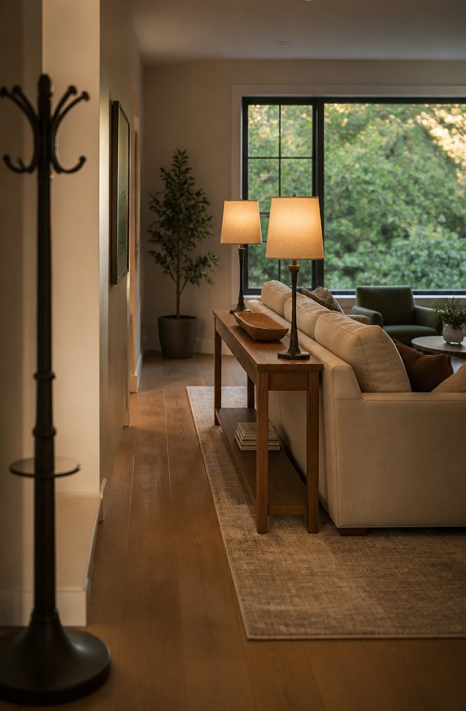 Floating sofa with a narrow console, 2 slim lamps, and a shallow tray