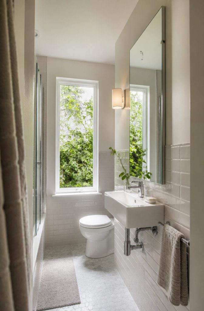 19 Ways to Decorate a Small Bathroom That Make It Work 5 Tall slim mirror reflecting a bathroom window beside the sink