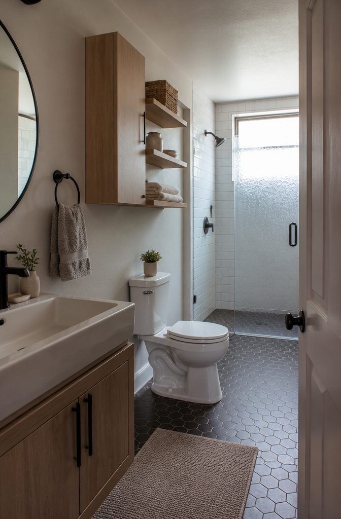 25 Ways to Update a Small Bathroom Without a Full Remodel 5 Bathroom shelves mounted above a toilet holding towels and toiletries