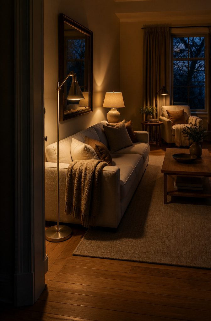 Living room with a floor lamp and table lamps illuminating darker corners