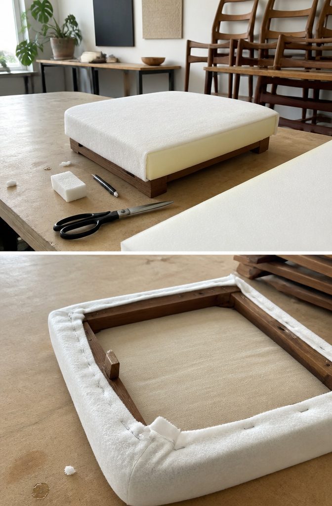 Wooden chair seat base topped with cut foam and batting
