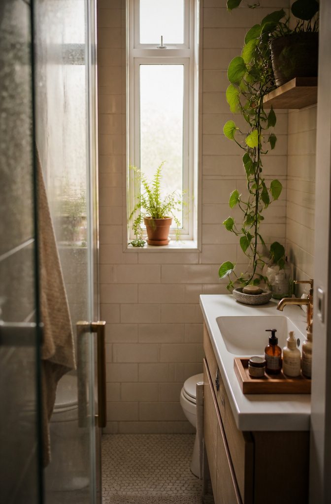 19 Ways to Decorate a Small Bathroom That Make It Work 12 Bathroom with a fern on the windowsill a wooden tray and stone soap dish