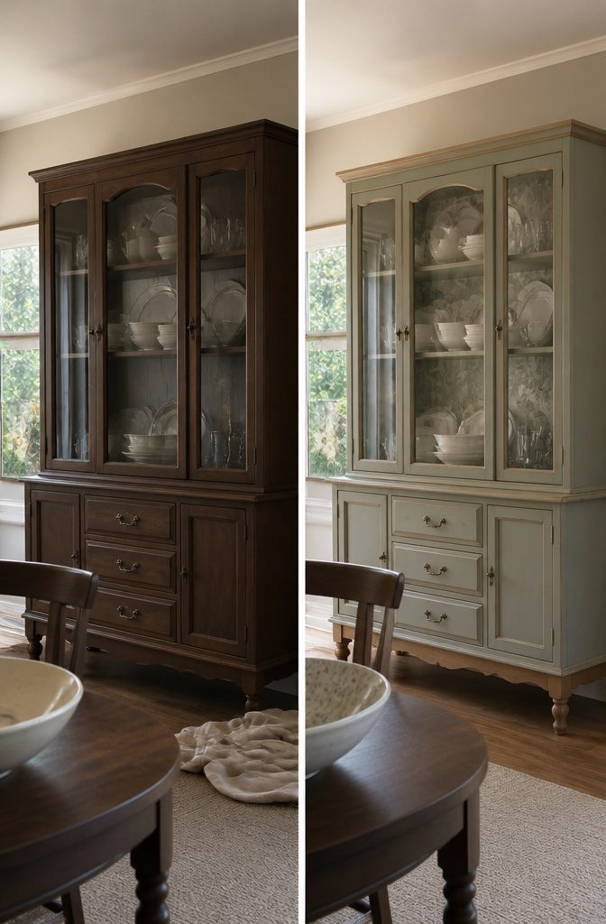 How to Paint a China Cabinet: 7 Steps to a Fresh Finish 7 Painted china cabinet with distressed edges and stained wood legs