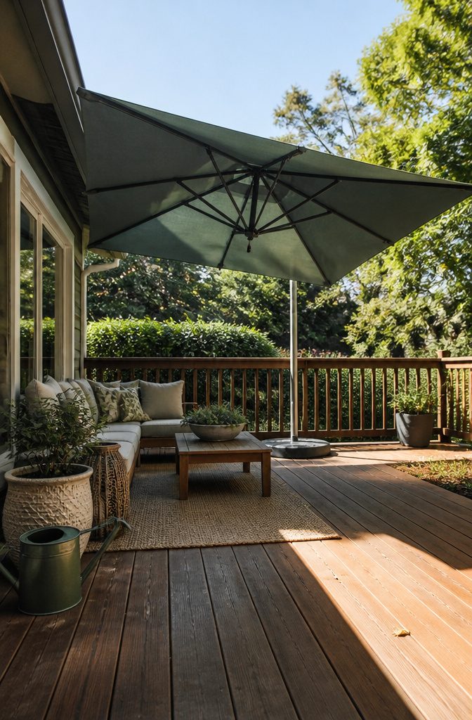 Outdoor deck seating shaded by an umbrella