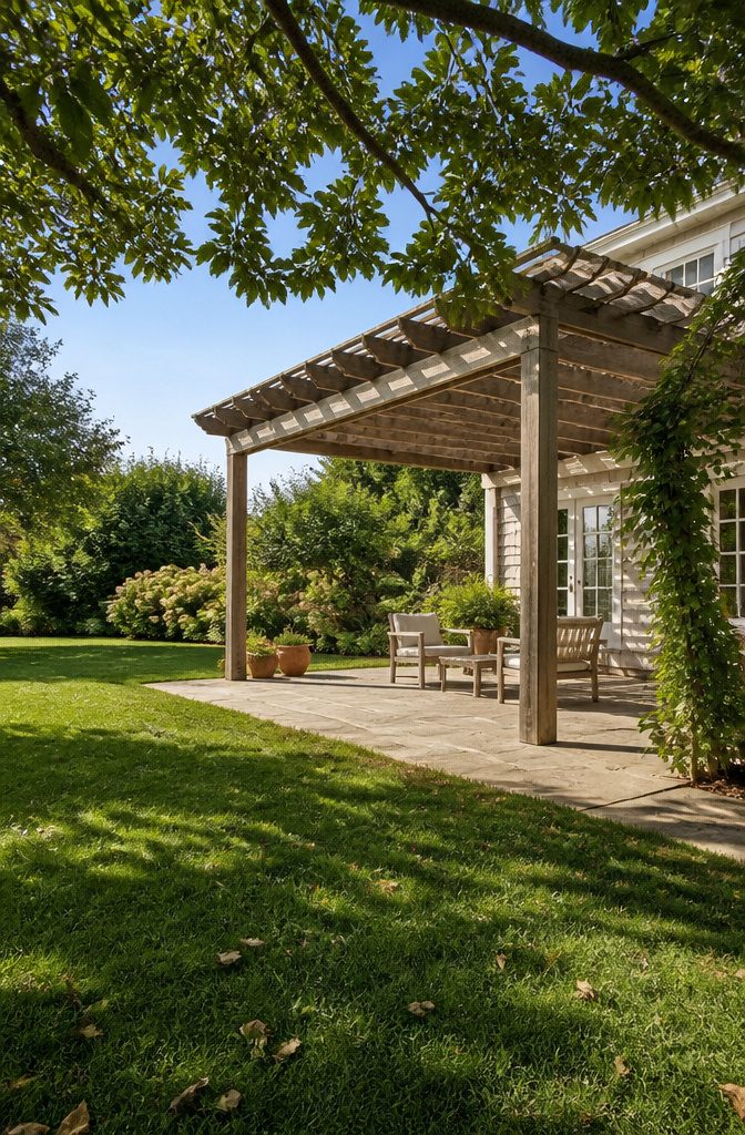 Pergola beside a house casting shade over a patio