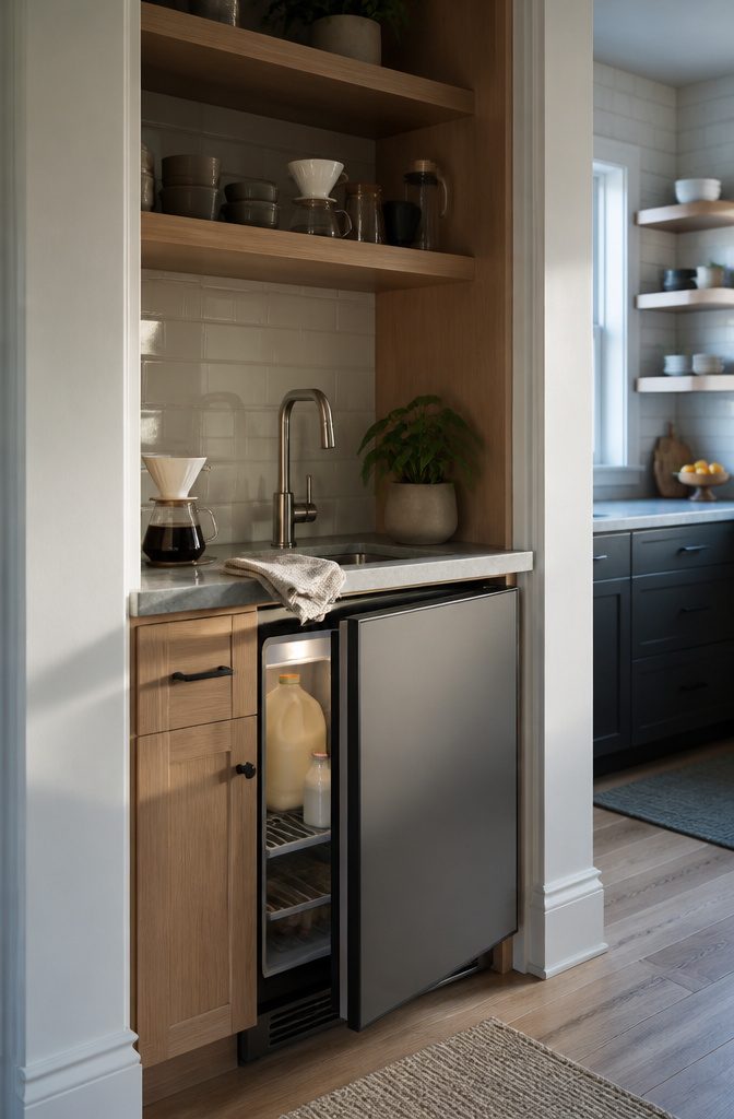 How to Build a Home Coffee Station: 6 Steps to a Working Setup 8 Small prep sink beside an under-counter refrigerator with milk inside