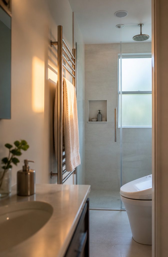 19 Ways to Decorate a Small Bathroom That Make It Work 20 Bathroom towel warmer mounted on the wall beside a shower
