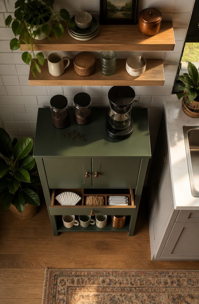 How to Build a Home Coffee Station: 6 Steps to a Working Setup 4 Sideboard with mirrored doors and adjustable shelves holding coffee supplies