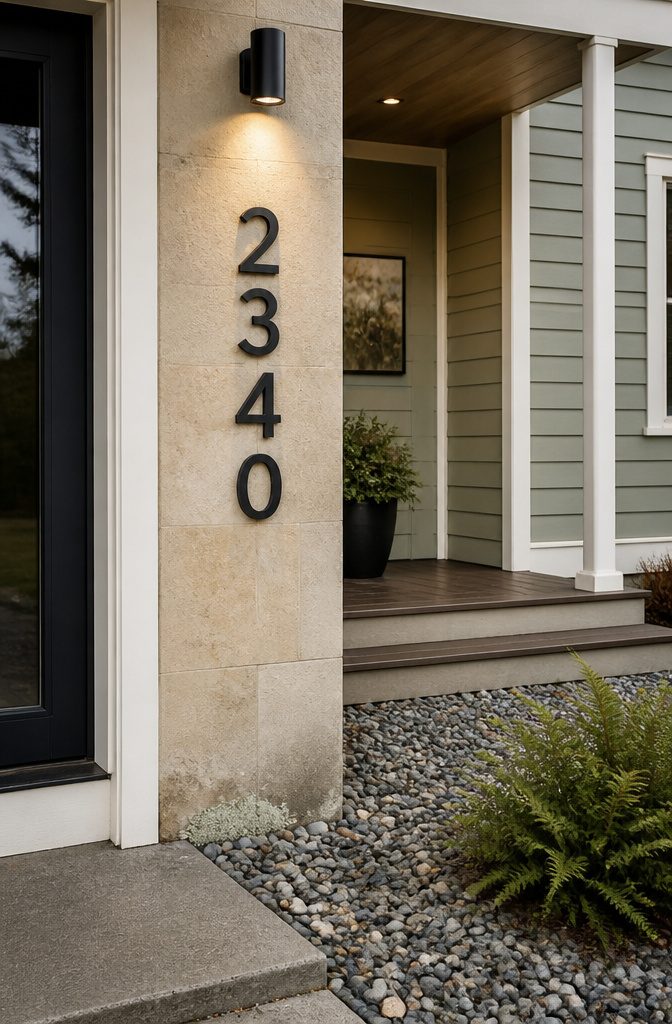 Black house numbers on pale stone beside a front door