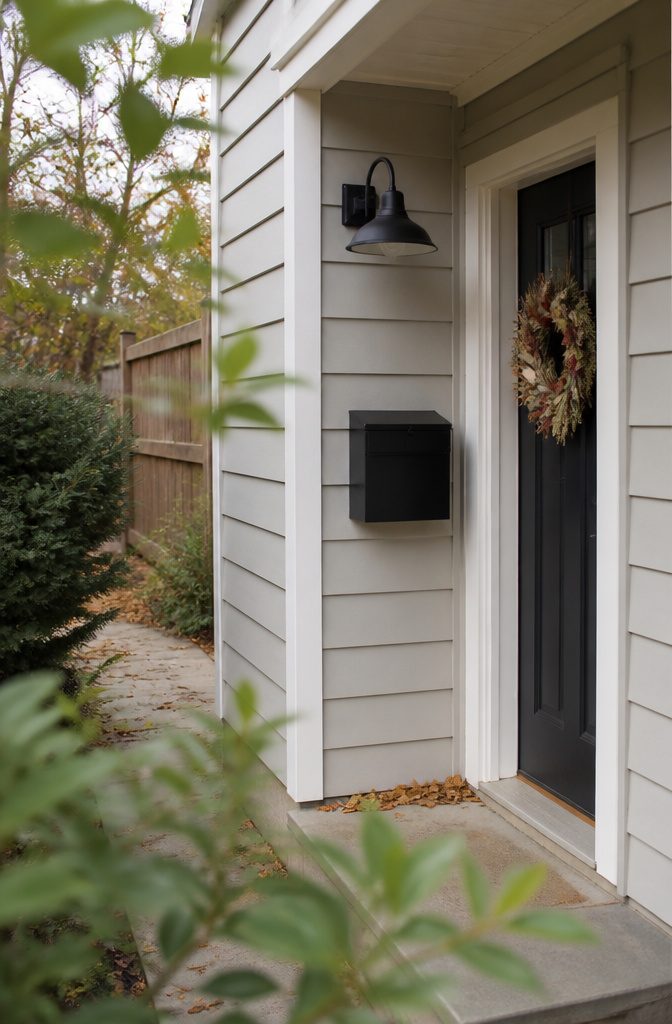 Black mailbox beside pale siding and a front door with a branch wreath