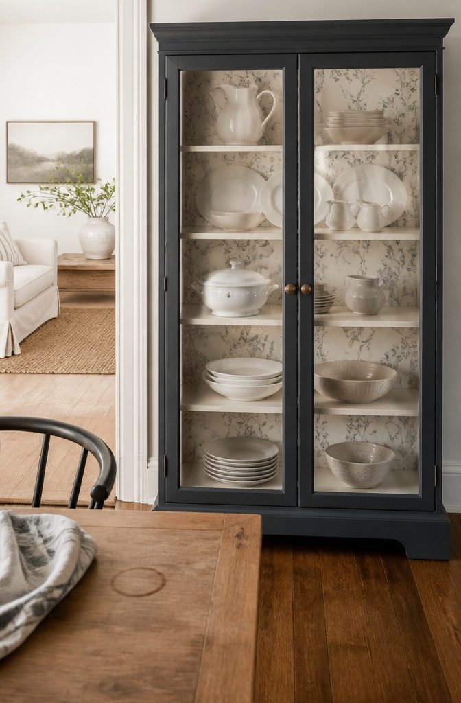 How to Paint a China Cabinet: 7 Steps to a Fresh Finish 10 China cabinet interior lined with wallpaper behind dishes