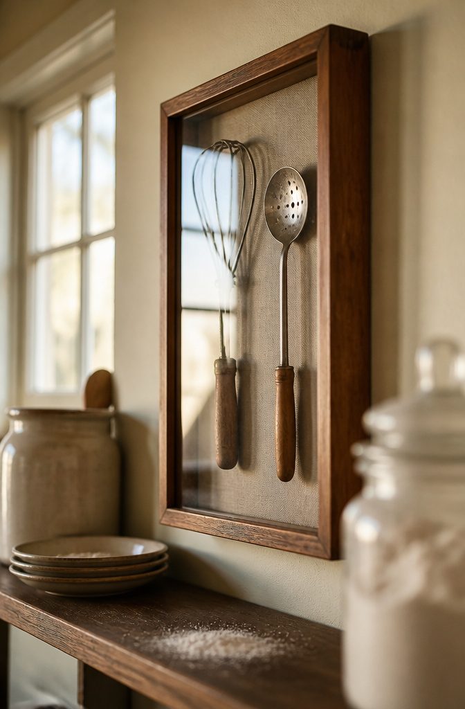Shadow box with glass front displaying vintage kitchen utensils
