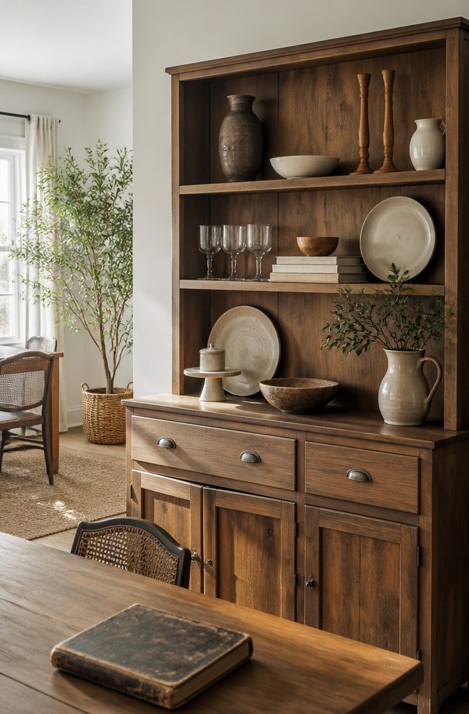 Hutch shelves with tall vases goblets stacked books and a small cake stand
