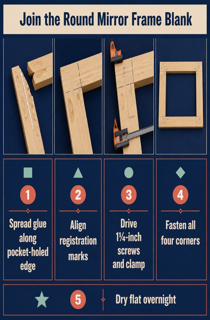 How to Frame a Round Mirror DIY: 7 Steps Start to Finish 4 Square wooden frame blank with pocket holes at its joined corners