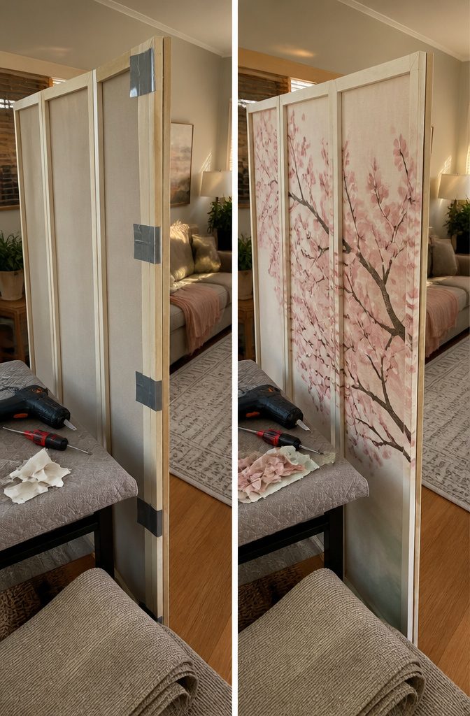 Canvas attached to a folding divider frame with fabric edges tucked into grooves