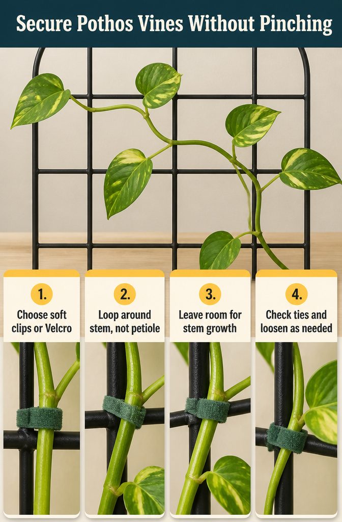Soft plant clips securing pothos stems against a support