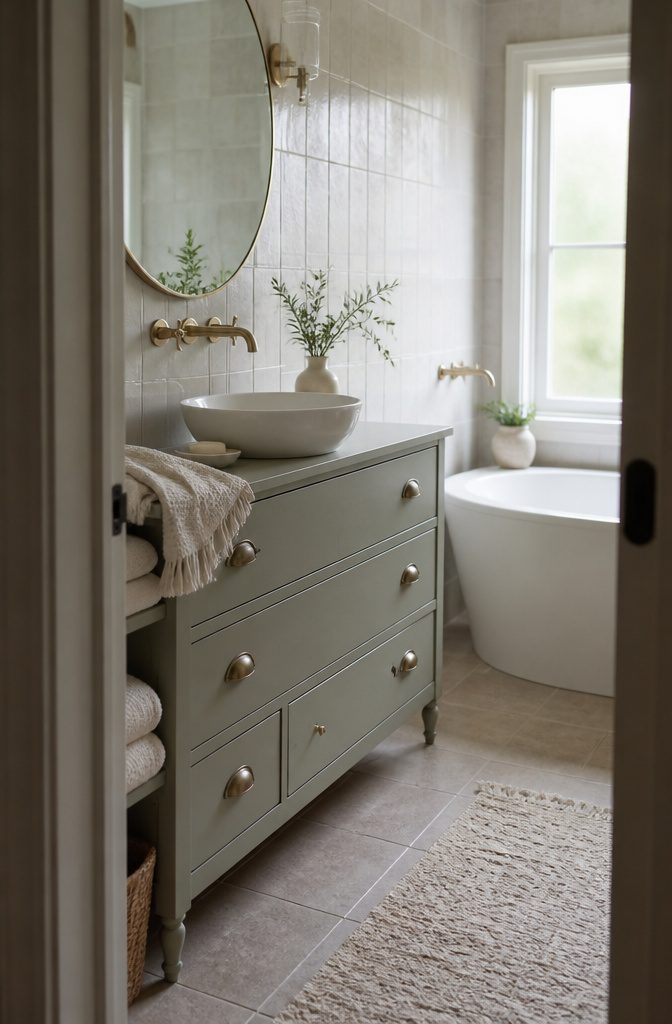 10 Ways to Repurpose Old Dressers for Your Home 4 Painted dresser vanity with white vessel sink and original drawer hardware