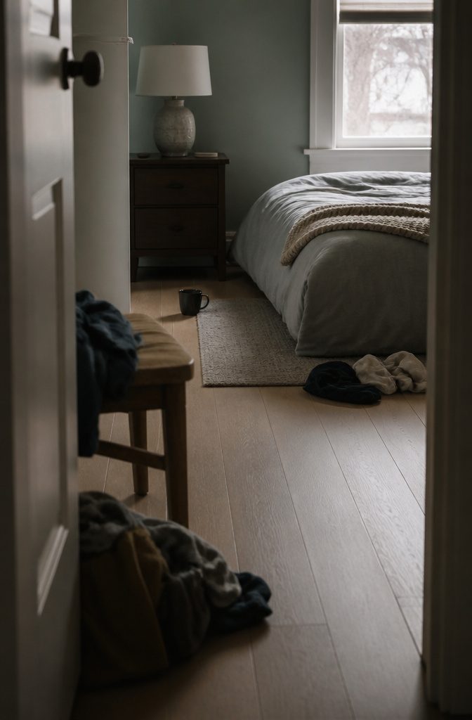 How to Be Motivated to Clean Your Room: 19 Methods 19 Cup on the floor beside a bed with a small patch of bedroom clutter
