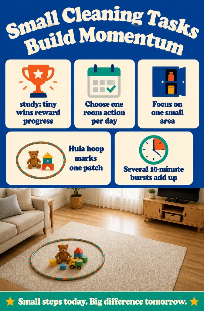 How to Be Motivated to Clean Your Room: 19 Methods 2 Cleaning infographic about small tasks with a marked patch of room clutter