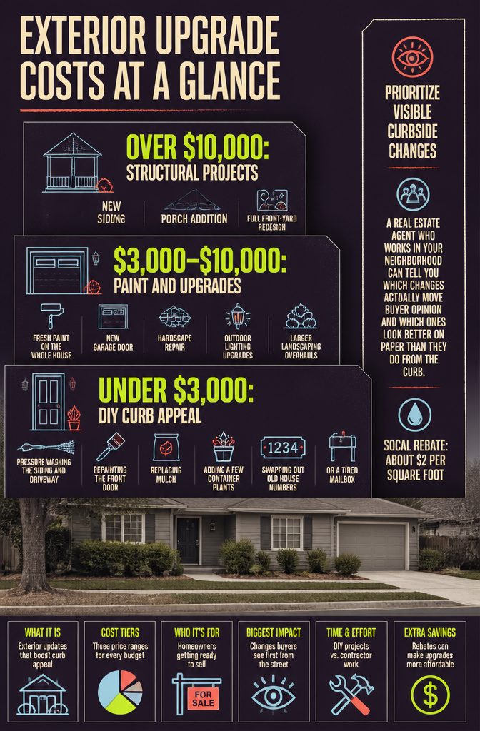Exterior upgrade cost graphic with three labeled budget ranges