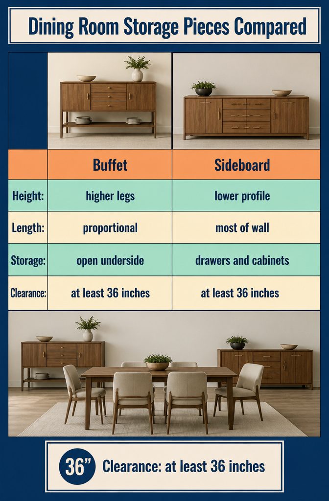 10 Ways to Style a Dining Room Buffet That Looks Considered 12 Dining room storage comparison graphic showing a buffet sideboard and credenza