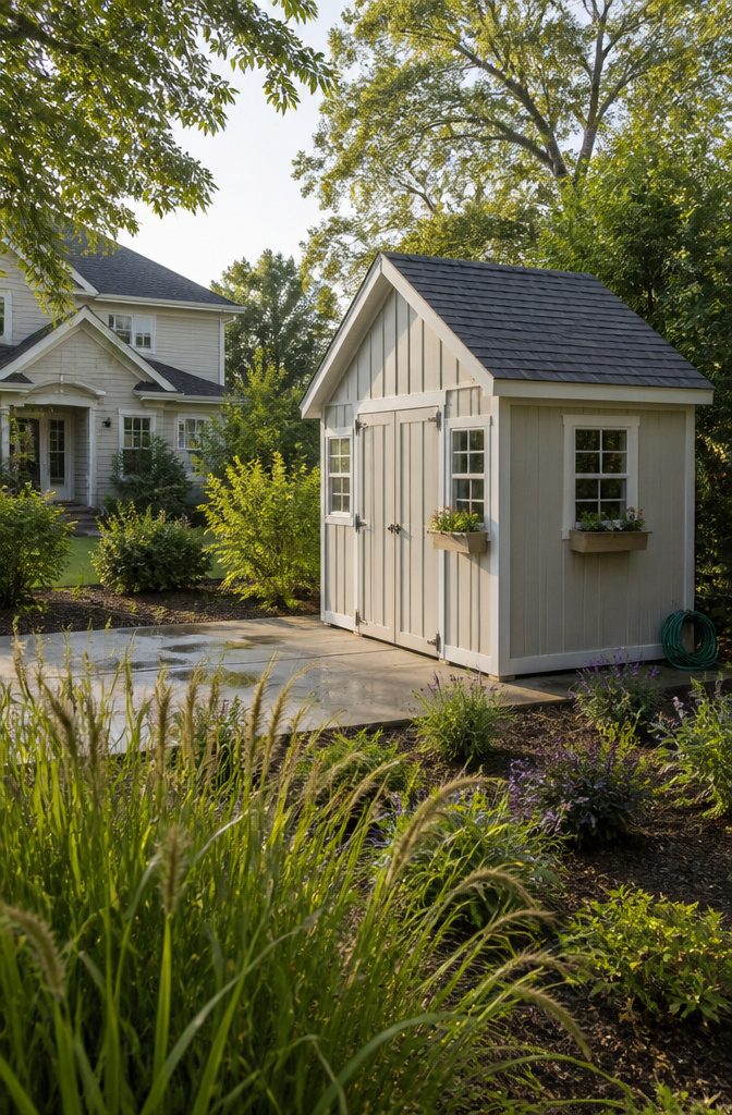Small shed with gable roof and window boxes beyond garden grasses
