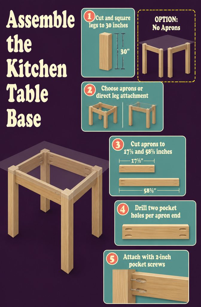 How to Build a Kitchen Table: 8 Steps from Planning to Finish 6 Wooden table legs joined by apron boards with pocket screw holes
