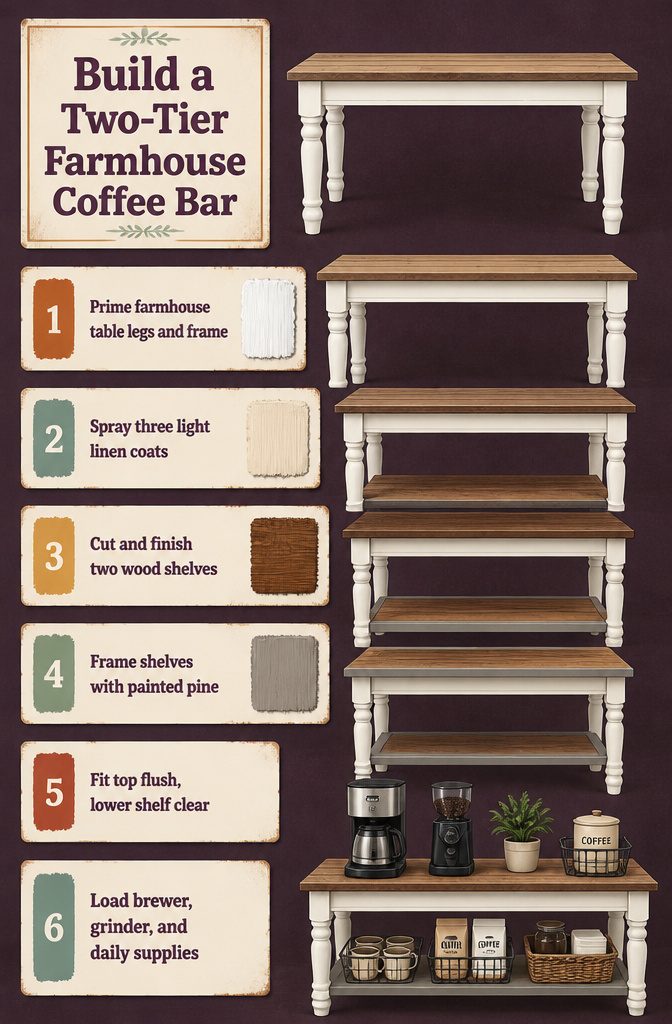 How to Build a Home Coffee Station: 6 Steps to a Working Setup 10 Two-tier coffee bar with stained wood shelves and a white painted table frame