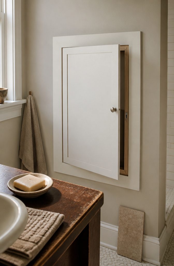 Plywood access panel with painted trim and magnetic latches