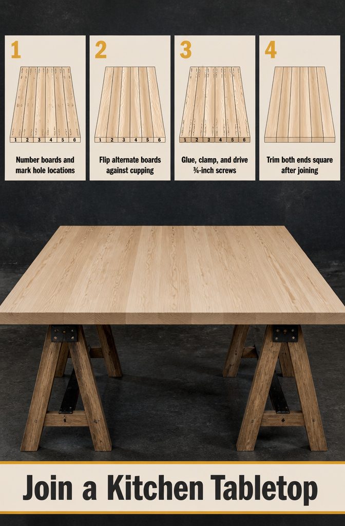 How to Build a Kitchen Table: 8 Steps from Planning to Finish 5 Kitchen tabletop boards joined with pocket screws and bar clamps