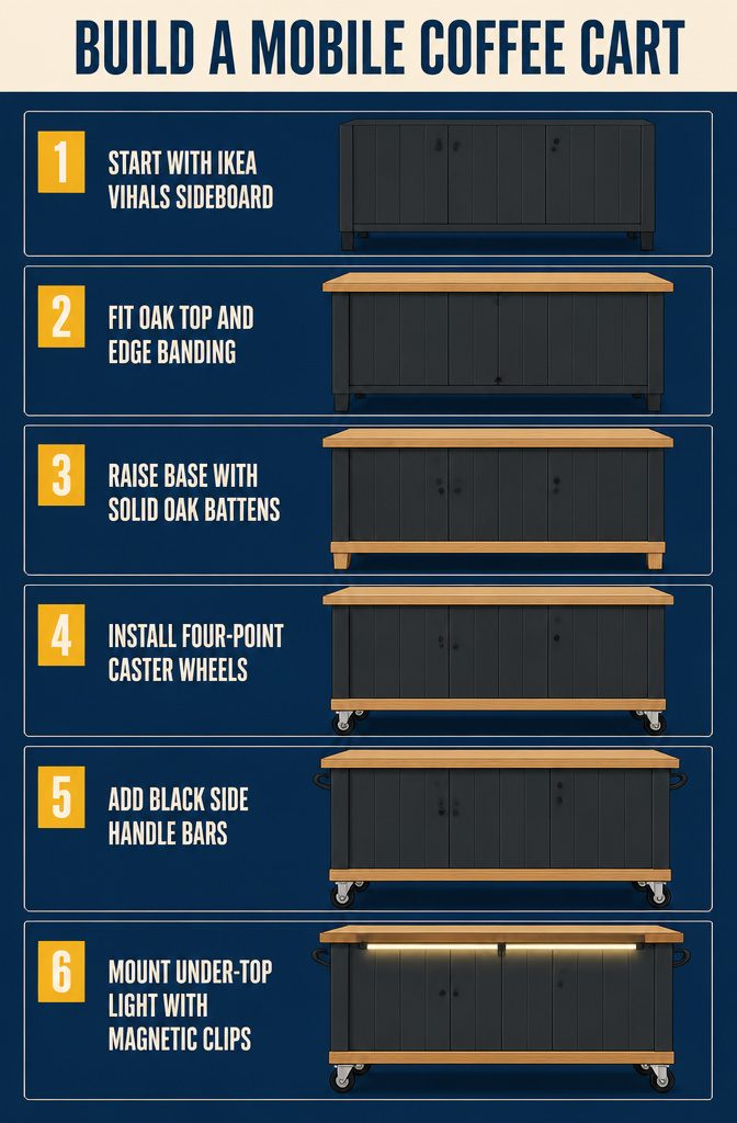 How to Build a Home Coffee Station: 6 Steps to a Working Setup 9 Sideboard coffee cart with black side handles and caster wheels