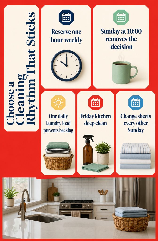 How to Be Motivated to Clean Your Room: 19 Methods 6 Cleaning infographic with options for daily tasks and a weekly cleaning slot