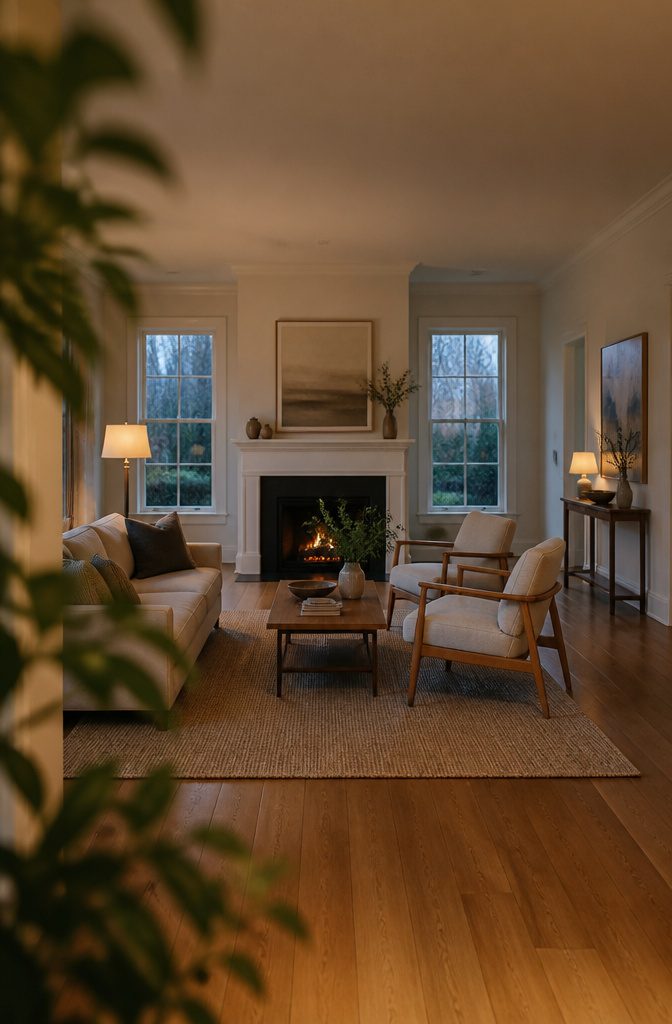 Living room seating arranged around a fireplace centered on a long wall