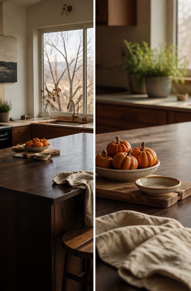 14 Ways to Decorate a Kitchen Island That Look Intentional 18 Small pumpkins and clipped branches arranged on a kitchen island