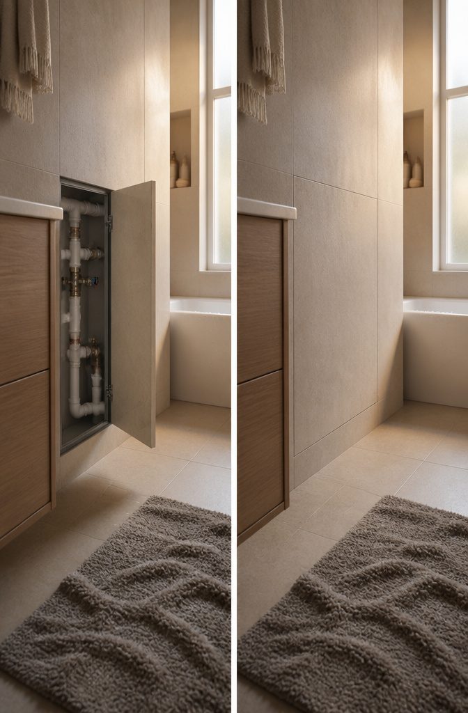 Closed access panel fitted flush into a finished wall