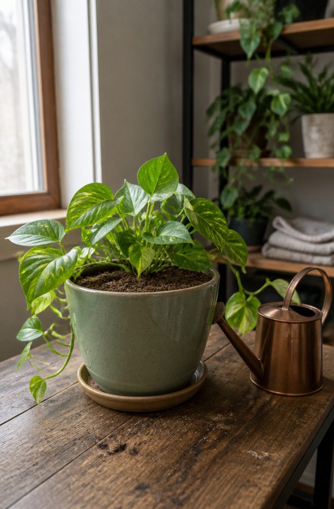 How to Care for Pothos: 7 Steps for Healthy Indoor Vines 3 Pothos in a pot with dry topsoil and a watering can on a wooden table