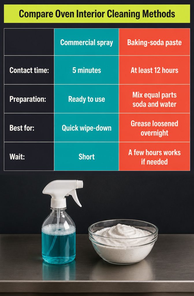 How to Deep Clean an Oven: 6 Steps from Start to Finish 3 Oven cleaning comparison graphic with four interior cleaning methods