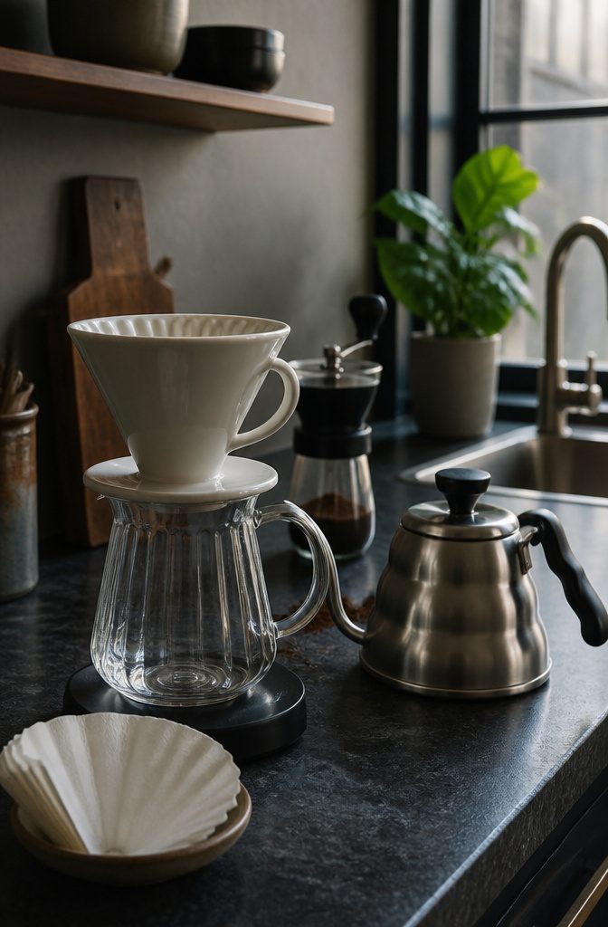 How to Build a Home Coffee Station: 6 Steps to a Working Setup 3 Coffee maker beside a grinder and pour-over dripper on a counter