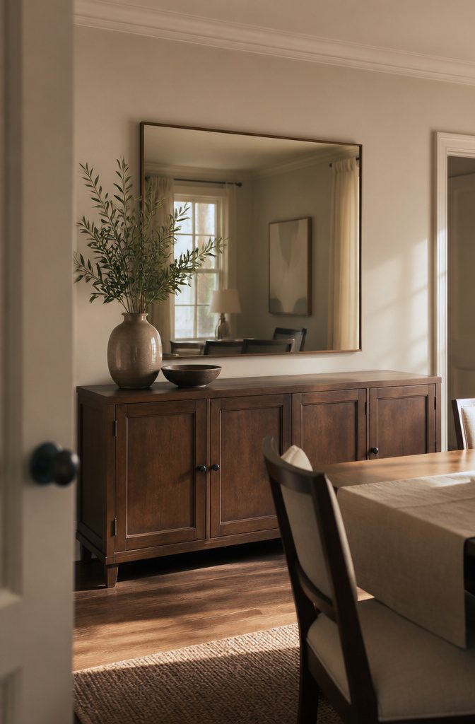 10 Ways to Style a Dining Room Buffet That Looks Considered 2 Dining room buffet with a mirror hanging above it