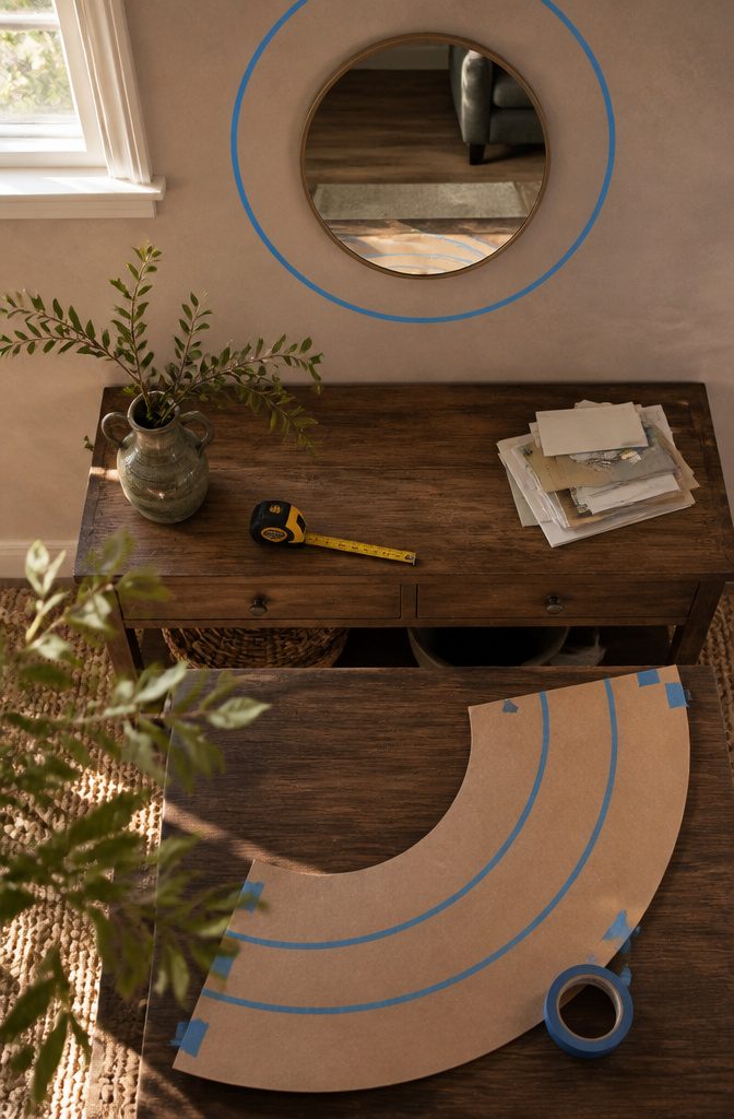 How to Frame a Round Mirror DIY: 7 Steps Start to Finish 2 Blue tape outlining a round mirror and wider frame on a wall