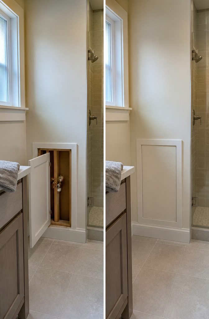 Plumbing access panel mounted on a wall near exposed pipes
