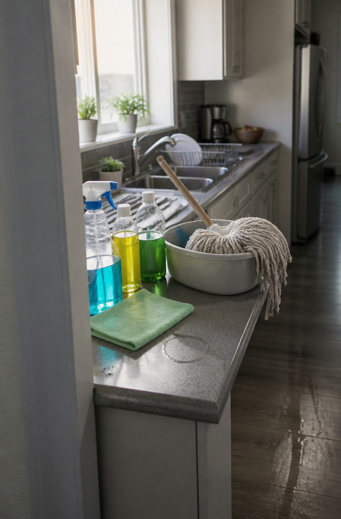 How to Be Motivated to Clean Your Room: 19 Methods 9 Clear cleaning bottles with colored liquids and a mop head on a kitchen counter