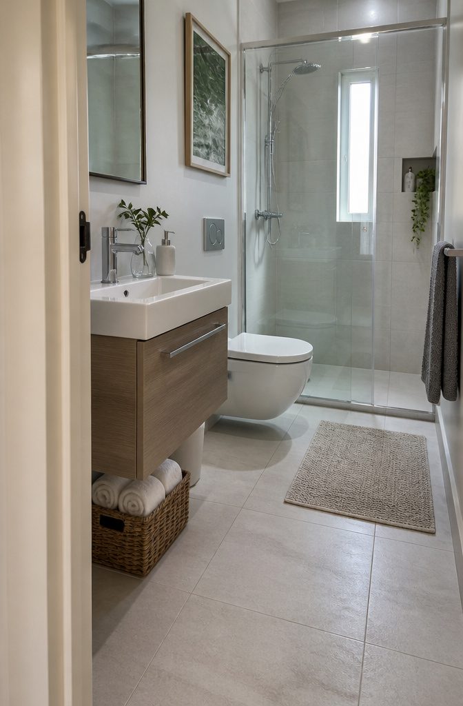 25 Ways to Update a Small Bathroom Without a Full Remodel 6 Small bathroom with floating 25-inch vanity compact toilet and pale tile