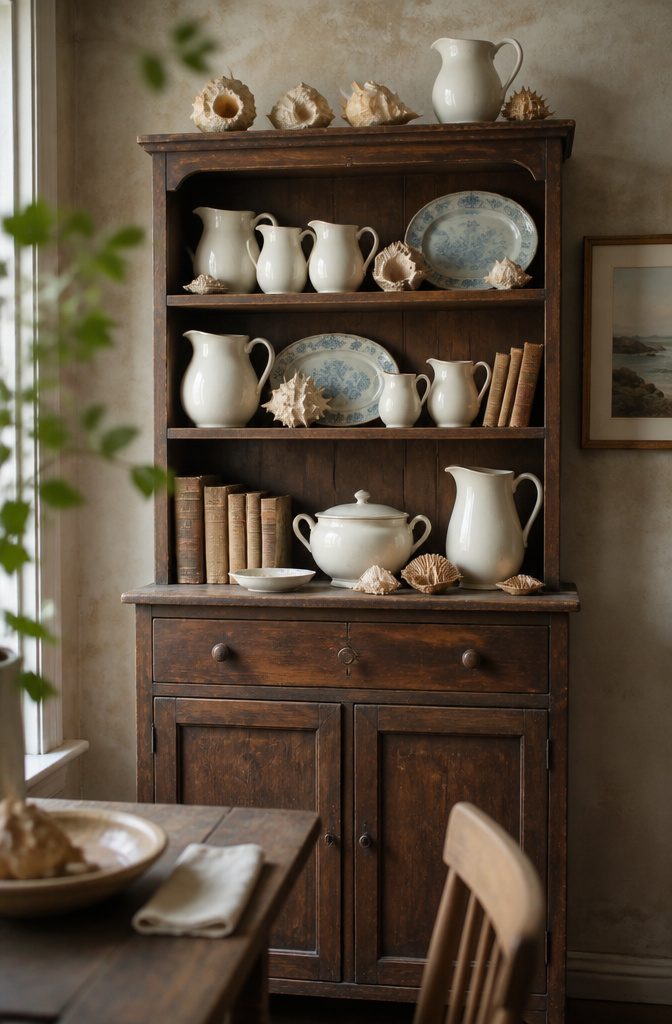 Hutch with decorative objects and dishes arranged across its shelves